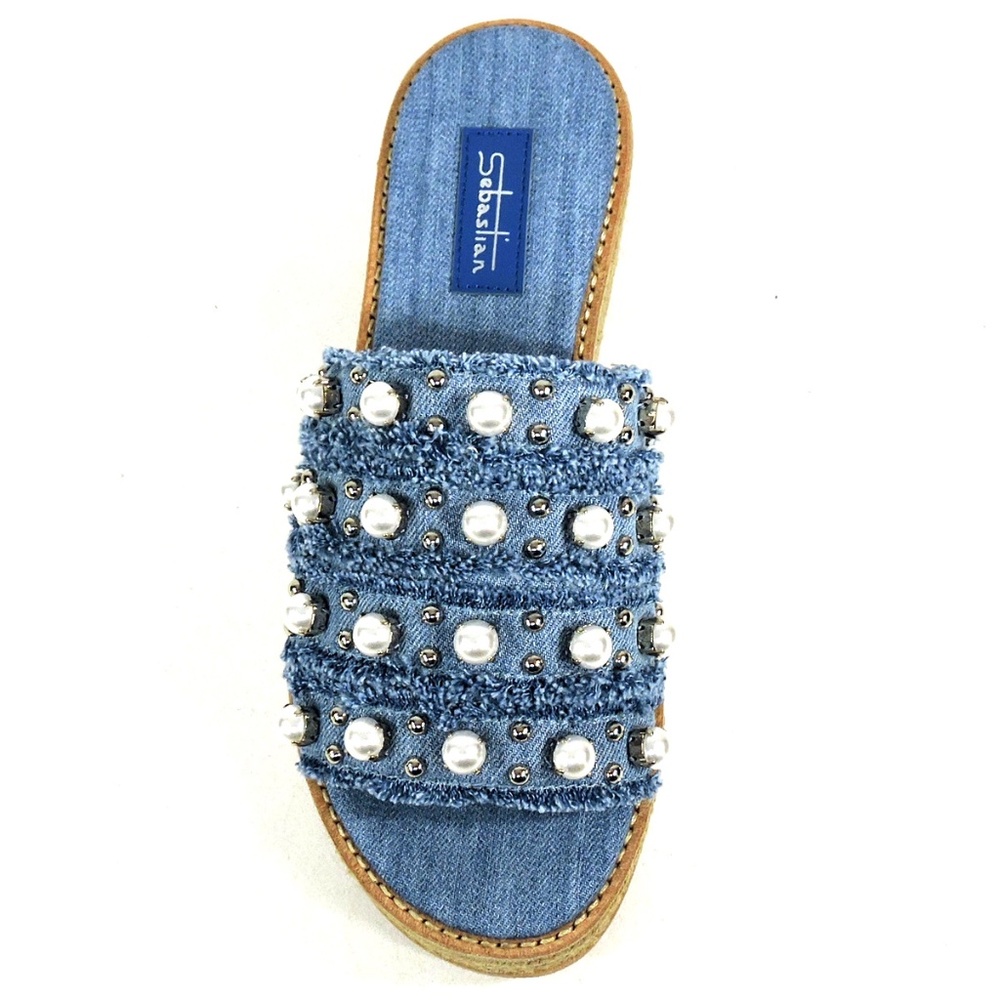 SEBASTIAN 🇮🇹 WOMEN'S BLUE JEANS DENIM COMFORT SUMMER WEDGE MULES - Picture 6 of 8